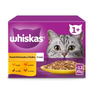 WHISKAS 1+ Poultry Feasts, Pasăre, plic hrană umedă pisici, (în aspic) WHISKAS 1+ Poultry Feasts Selectii, Pasăre, plic hrană umedă pisici, (în aspic), multipack, 85g x 12