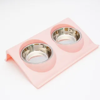 Castron dublu metalic hrana si apa pentru caini si pisici, cu suport plastic ridicat, Large, 37,5 X 25 X 7.5 cm, roz