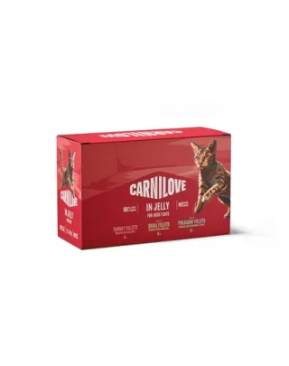 Hrană umedă CARNILOVE Cat Pouch Jelly Multipack 12x85 g mix 3 arome, fileuri în jeleu pentru pisici adulte