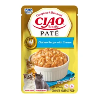 INABA Ciao Entree Pate, Pui și Brânză, plic hrană umedă fără cereale pisici, (pate), 40g