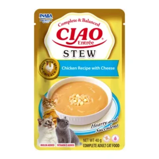 INABA Ciao Entree Stew, Pui și Brânză, plic hrană umedă fără cereale pisici, (piure), 40g