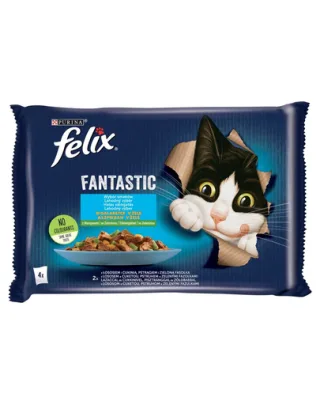 FELIX FANTASTIC Hrana umeda pentru pisici adulte, somon cu dovlecel si pastrav cu fasole verde 4x85g