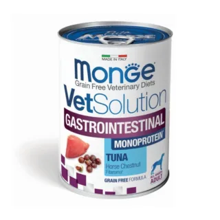 MONGE VETSOLUTION Gastrointestinal, XS-XL, Ton, dietă veterinară, conservă hrană umedă fără cereale câini, sistem digestiv, (pate), 400g