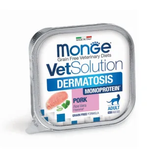MONGE VETSOLUTION Dermatosis, Porc și Aloe Vera, dietă veterinară, tăviță hrană umedă fără cereale pisici, piele & blană, (pate), 100g