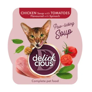 DELICKCIOUS Supă, Pui și Roșii, bol hrană umedă pisici, (în supă), 80g