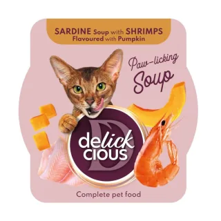 DELICKCIOUS Supă, Sardine și Creveți, bol hrană umedă pisici, (în supă), 80g