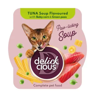 DELICKCIOUS Supă, Ton și Mazăre, bol hrană umedă pisici, (în supă), 80g