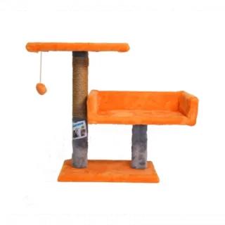 Ansamblu de joaca pentru pisici tip coloana cu canapea dubla si ciucure culoare portocaliu cu gri  50 x 38 x 30 cm