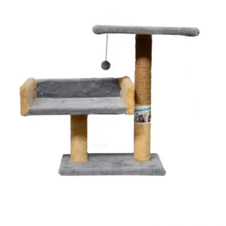 Ansamblu de joaca pentru pisici tip coloana cu canapea dubla si ciucure culoare bej cu gri  50 x 38 x 30 cm