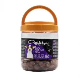 Recompense delicioase pentru caini Agility LSD-18, rulouri cu rata si cod 500g