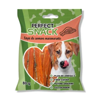 Perfect Snack, recompense delicioase pentru caini,  FaE ii de somon marmorate,   80 g
