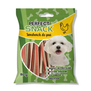 Perfect Snack, recompense delicioase pentru caini,  Sandwich de pui,   80 g
