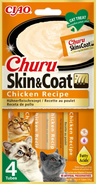 INABA Churu Skin&Coat, Pui, plic recompense funcționale fără cereale pisici, piele & blană, (topping), 56g