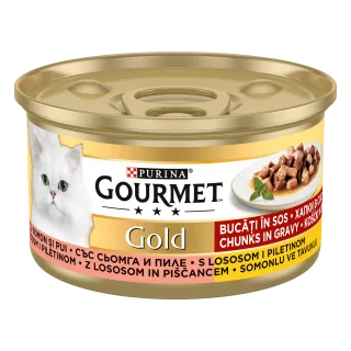 GOURMET GOLD Bucatele de Carne in Sos, Pui si Somon, 85 g