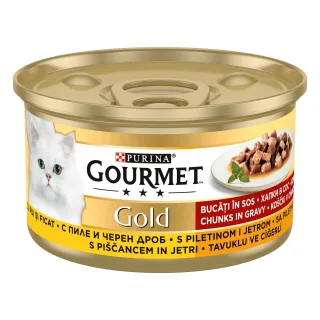 GOURMET GOLD Bucatele de Carne in Sos, Pui si Ficat, 85 g