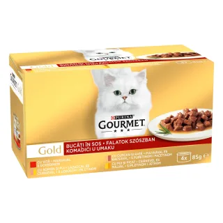 GOURMET GOLD cu Vita, Curcan si Rata, Somon si Pui, Pui si Ficat, 4x85 g
