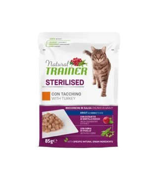 Hrana Umeda Pisici Sterilizate, Natural Trainer, Curcan in Sos, 85 g