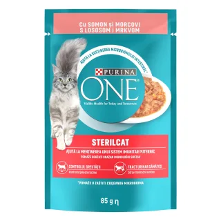 PURINA ONE STERILCAT, mini fileuri cu Somon si Morcov in sos, 85 g