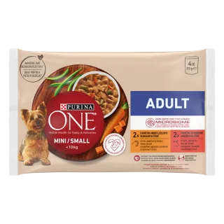 PURINA ONE MINI Adult, pui, morcovi si fasole verde/ cu vita, cartofi si mazare, in sos, 4x85 g