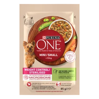 PURINA ONE MINI Weight Control/ Sterilised, curcan, morcovi si mazare, in sos, 85 g