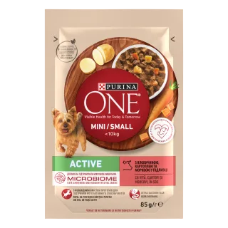 PURINA ONE MINI Active, vita, cartofi si morcovi, in sos, 85 g