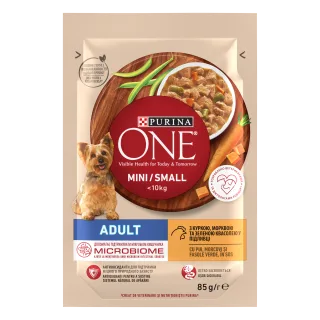 PURINA ONE MINI Adult, pui, morcovi si fasole verde, in sos, 85 g