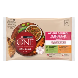 PURINA ONE MINI Weight Control/ Sterilised, curcan, morcovi, si mazare/ cu pui, orez brun, si rosii, in sos, 4x85 g