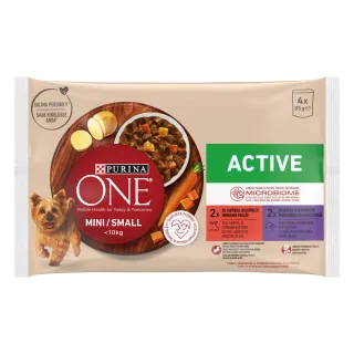 PURINA ONE MINI Active, vita, cartofi, si morcovi/ cu rata, paste si fasole verde, in sos, 4x85 g