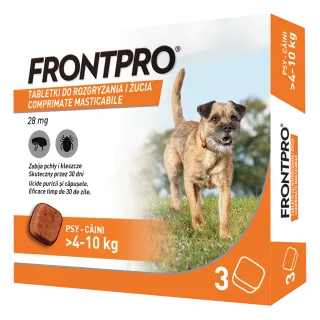 Comprimate masticabile antiparazitare caini, Frontpro M, 28 mg, >4-10 kg, 3 buc/ cutie