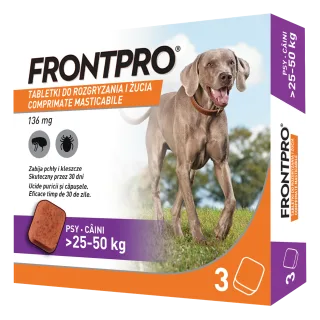 Comprimate masticabile antiparazitare caini, Frontpro XL, 136 mg, >25-50 kg, 3 buc/ cutie