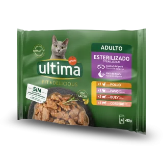 Hrana umeda pisici, Ultima Cat, Adult Sterilizat Fit & Delicious Multipack, Pui, Curcan, Vita & Miel, 4x85 g