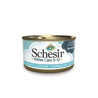 SCHESIR Baby Kitten, Ton și Aloe Vera, conservă hrană umedă pisici junior, (în aspic), 85g