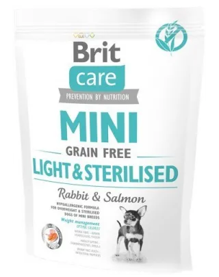 BRIT Care Grain Free Mini Light&amp;Sterilised hrana uscata caini adulti talie mica cu tendinta de ingrasare, somon si iepure 400g