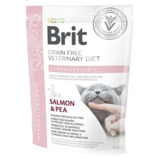 BRIT VD Hypoallergenic, Somon, dietă veterinară, hrană uscată fără cereale pisici, alergii, 400g