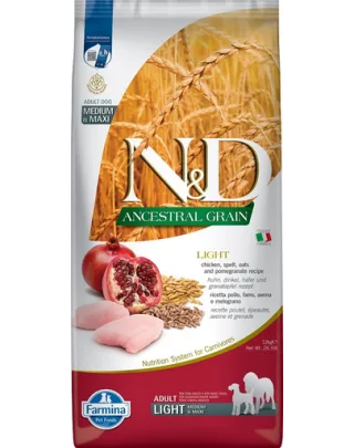 FARMINA N&amp;D Low Grain Light Adult Medium/Maxi  Sac hrana uscata pentru caini talie medie sau mare, cu pui si rodie 12 kg
