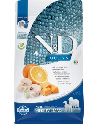 FARMINA N&amp;D Ocean Dog Adult Medium/Maxi Hrana caini adulti, cu cod, dovleac si portocale 2,5 kg