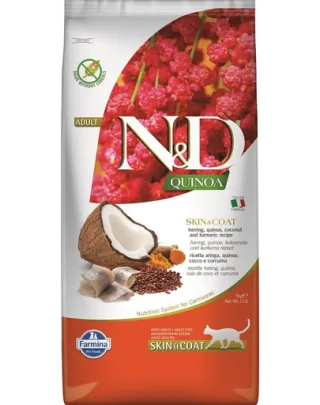 FARMINA N&amp;D Quinoa Adult Cat Skin&amp;Coat  Hrana uscata pisici cu intoleranta alimentara, cu hering și cocos 5 kg
