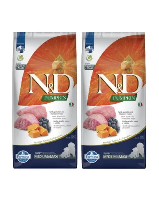 FARMINA N&amp;D GF Puppy Medium&amp;Maxi Pumpkin Lamb&amp;Blueberry hrana uscata catei talie medie si mare, cu dovleac, miel si afine 24 kg (2 x 12 kg)
