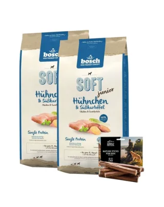 BOSCH Soft Junior Hrana uscata cu pui si cartofi dulci pentru cainii junior 2 x 12,5 kg + recompense sticks 7 buc
