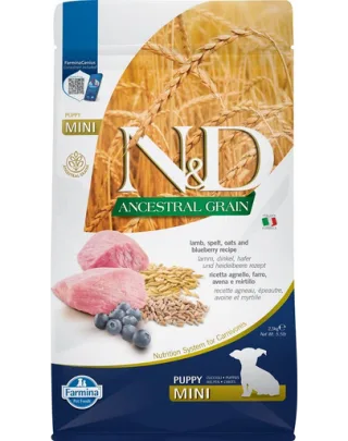 FARMINA N&amp;D Low Grain Puppy Mini Hrana uscata catei talie mica, cu miel si afine 2.5 kg