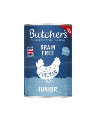 BUTCHER'S Original Junior hrana caini juniori, bucati de pui in jeleu, conserva 400g