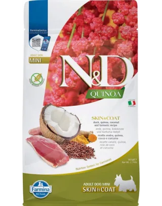 FARMINA N&amp;D Quinoa Mini Skin&amp;Coat hrana caini talie mica 800g rata si nuca de cocos
