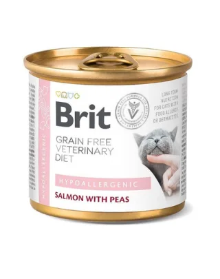 BRIT Veterinary Diet Hypoallergenic Salmon&amp;Pea pentru pisici cu alergii alimentare, hrana umeda 200 g