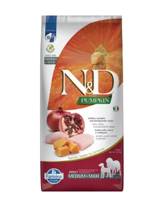 N&amp;D Pumpkin Chicken &amp; Pomegranate Adult Medium &amp; Maxi 12 kg hrana caini adulti talie medie/mare, pui si rodie