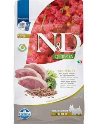 FARMINA N&amp;D Quinoa Dog Duck, Broccoli &amp; Asparagus Neutered Adult Mini 800 g Hrana uscata caini de talie mica, sterilizati