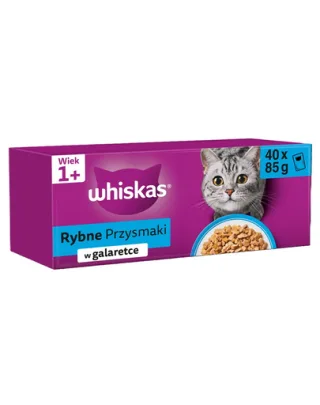 WHISKAS Adult plic 40 x 85 g Arome de pește în jeleu: somon, ton, cod, pește alb