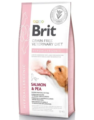 BRIT Veterinary Diets Dog Hypoallergenic Dieta veterinara pentru caini adulti cu alergii si intolerante alimentare, cu somon si mazare 12 kg