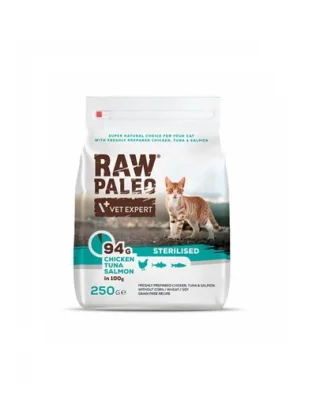 VETEXPERT Raw Paleo Sterilised Chicken&amp;Tuna&amp;Salmon Hrana uscata pisici sterilizate, cu pui, ton si somon 250 g