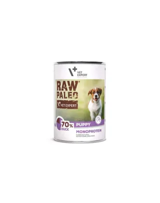 VETEXPERT Raw Paleo Duck Puppy Can Conserva hrana umeda pentru catei, cu rata 400g