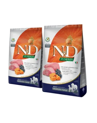 FARMINA N&amp;D Pumpkin lamb &amp; blueberry Adult Medium &amp; Maxi 2 x 2.5 kg hrana caini adulti talie medie sau mare, dovleac, miel si afine